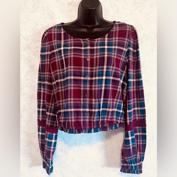 True Craft Plaid Multi Color Plaid Long Sleeve Cropped Large Elastic Hem Button - Picture 1 of 15